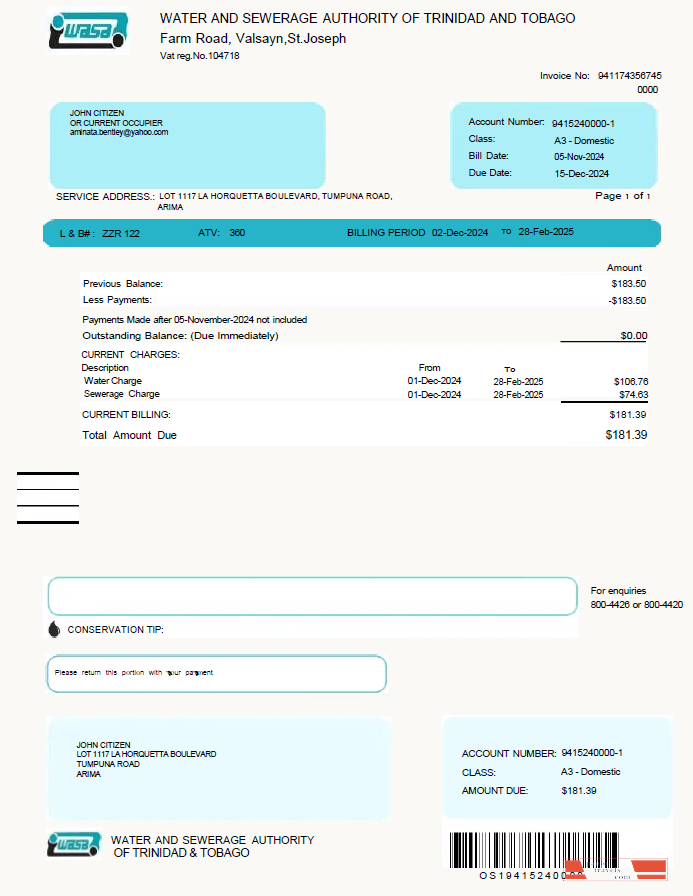Trinidad and Tobago WASA utility bill template in Word and PDF formats
